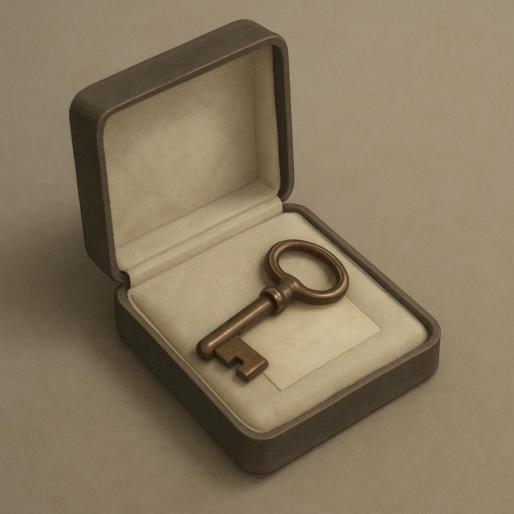 An antique key is displayed in the open lid of a grey, rectangular box. Inside are sections of white padding, with one mat...