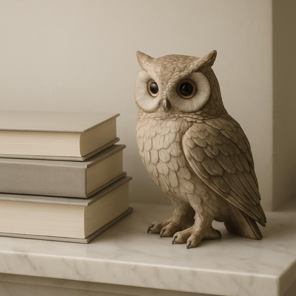 A tan-colored owl figurine sits on a marble table next to a stack of books, set against a neutral beige background.