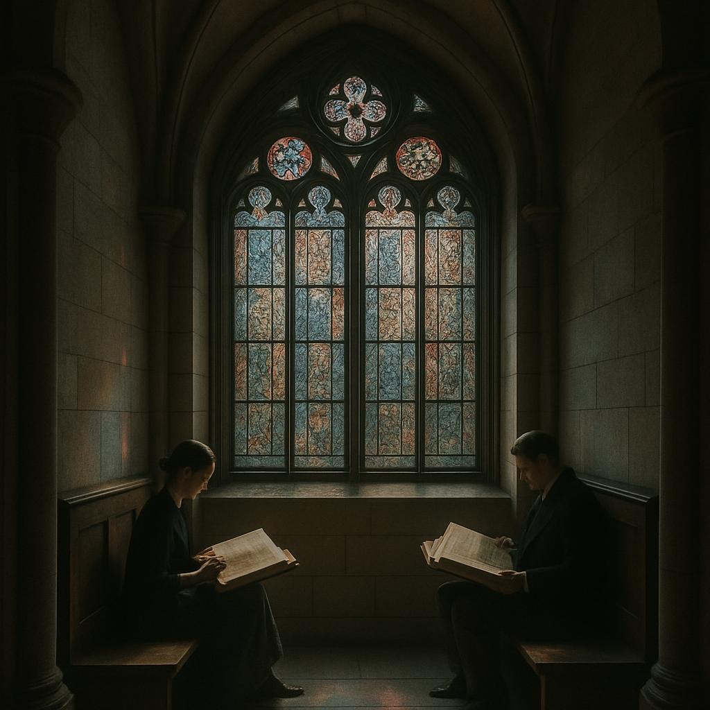 Two people savoring a moment to read in a shadowed buttress alcove bathing in sunlight via a gothic arched lead pane windo...