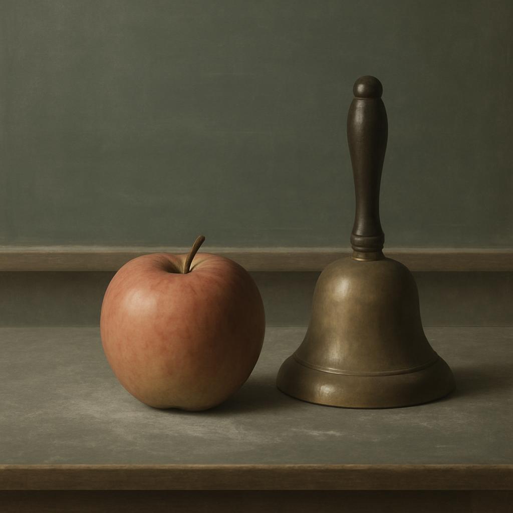 An antique bell with a brown wooden handle and an apple separately, against a dark green chalkboard background.